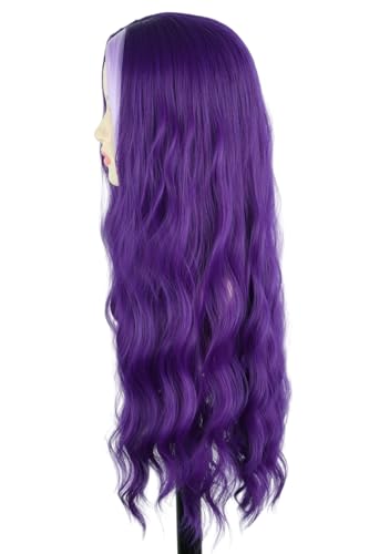 Women Synthetic Long Wavy Wig Purple Hair with Single Purple Pink Streak Gothic Vampire Cosplay Wig Halloween Carnival Costume Party Wigs | Halloween Party, Cosplay Costume, Gothic Style, Vampire Theme - color: Purple/