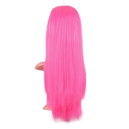 MapofBeauty 24 Inch Long Straight Flat Bangs Party Cosplay Wig, Neon Pink | 60 cm Synthetic Hair Wig, Heat Resistant, Women - color: Neon Pink