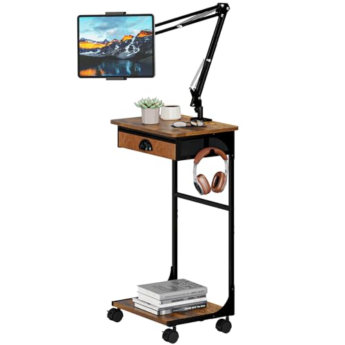 Floor Kindle Phone Tablet Stand with Drawer & Storage Shelves, Angle Height Adjustable Tablet Kindle Cell Phone Holder For Bed with Rotating Wheels, Compatible With 4.7"-13" Tablet iPone iPad Air Pro - size: 11.4"D x 15.4"W x 57.6"H