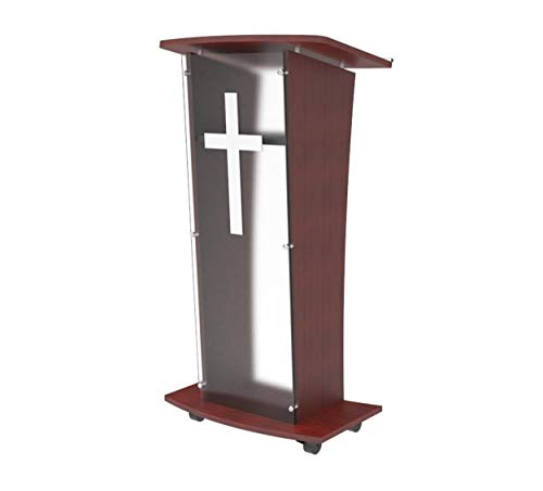 FixtureDisplays® Wood Podium with Frost Acrylic Front Panel, 46.5 Tall Pulpit Lectern with Pray Hand Decor, Easy Assembly Required 1803-5-FROST
