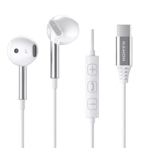 Kamon K66 USB C DAC Earbuds, 14.2mm Dynamic Driver, HD Microphone, 3-Button Volume Control, Semi in-Ear Wired Earphones for iPhone 17/16/15, Samsung Galaxy, Pixel and iPad 1 Pack - color: White