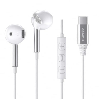 Kamon K66 USB C DAC Earbuds, 14.2mm Dynamic Driver, HD Microphone, 3-Button Volume Control, Semi in-Ear Wired Earphones for iPhone 17/16/15, Samsung Galaxy, Pixel and iPad 1 Pack - color: White