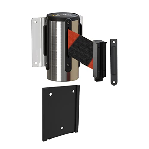 Montour Line WM115 Wall Mounted Retractable Belt Barrier with Standard Belt End, Removable Mount, Polished Stainless Steel Casing (8.5 ft Black and Red Diagonal Belt) - color: Black and Red Diagonal, size: 8.5 ft