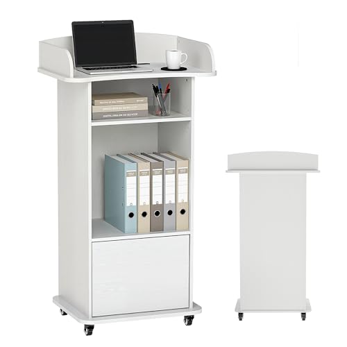 Podium Stand with Metal Wheels Wooden Lectern Podium Stand Portable Pulpit Standing with Storage Mobile Reception Podiums Desk for Church Office School Conference Restaurant Meeting, White - color: White