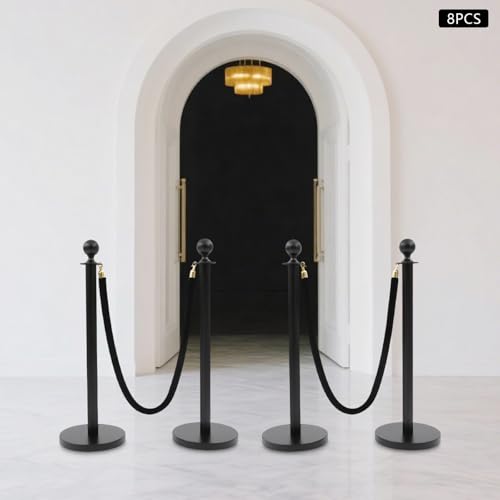 8 Pack Black Stainless Steel Stanchion Post with 4pcs 5FT Velvet Ropes, Red Carpet Ropes and Poles, Metal Crowd Control Barriers with Ball Top and Base for Events Hotels Museums