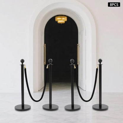 8 Pack Black Stainless Steel Stanchion Post with 4pcs 5FT Velvet Ropes, Red Carpet Ropes and Poles, Metal Crowd Control Barriers with Ball Top and Base for Events Hotels Museums