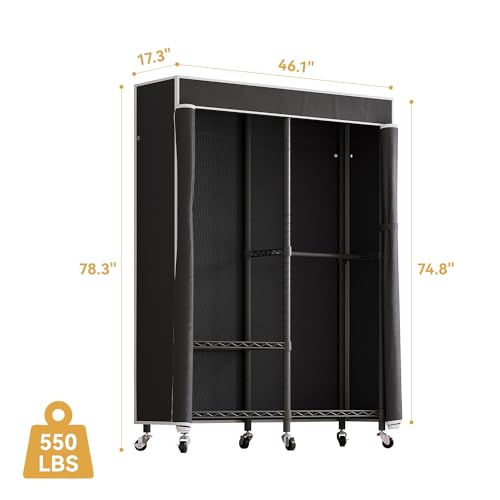 Higeego H9 Garment Rack with Cover, Heavy Duty Clothing Rack for Hanging Clothes, Portable Closet with wheels, Wardrobe Closet with Adjustable Shelves, Black Rack Shelf with Black Fabric Cover - style: with Black Cover