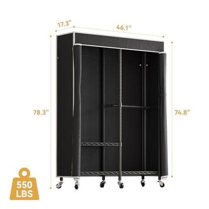 Higeego H9 Garment Rack with Cover, Heavy Duty Clothing Rack for Hanging Clothes, Portable Closet with wheels, Wardrobe Closet with Adjustable Shelves, Black Rack Shelf with Black Fabric Cover - style: with Black Cover