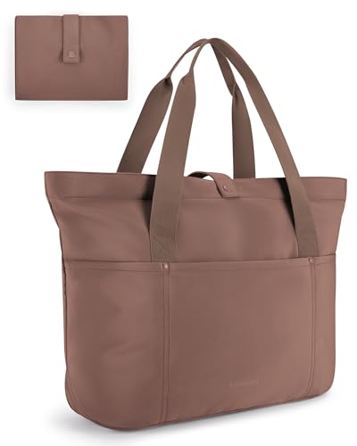 BAGSMART Tote Bag for Women, Foldable Tote Bag With Zipper Travel Shoulder Bag Handbag for Work - color: Coffee Brown