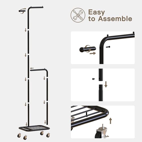 Small Rolling Clothing Rack with Shelf, Narrow Clothes Rack with Wheels | Gasvadivum 71" Tall Sturdy Metal Garment Rack with Hanging Rod, Freestanding Portable Coat Rack for Bedroom, Entryway, Black - color: Black
