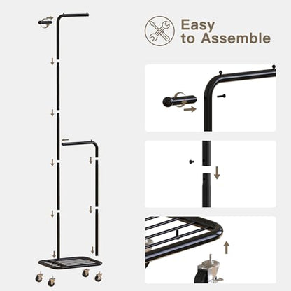 Small Rolling Clothing Rack with Shelf, Narrow Clothes Rack with Wheels | Gasvadivum 71" Tall Sturdy Metal Garment Rack with Hanging Rod, Freestanding Portable Coat Rack for Bedroom, Entryway, Black - color: Black