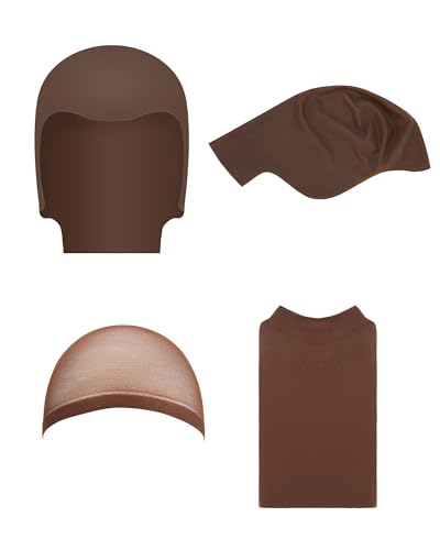 Hoedia 2 PCS Latex Bald Caps Halloween and 2 PCS Nylon Wig Caps, Dark Brown | Bald Head Wig Cap for Adults Women Men, Cosplay Costume Accessories for Halloween Makeup Party - color: Natural