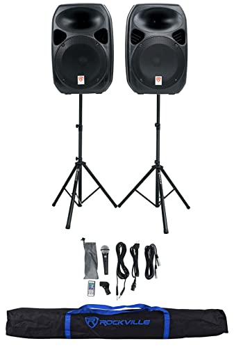 Rockville RPG122K Dual 12" Powered Speakers Bundle with RVSS4A Stand Bag | 1000W Peak / 250W RMS, Bluetooth, USB, SD, FM Radio, 2 Speaker Stands, Wired Microphone, Cables, Remote, 2 Items