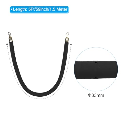 PATIKIL 5 Feet Black Velvet Stanchion Rope, Crowd Control Barrier Rope with Snap Hooks for Posts Stand Queue Divider of Hotel Theater, Golden - color: Black, size: 5 Feet