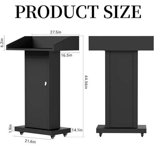Podium Stand with 4 Locking Wheels, Heavy-Duty Metal Lectern with Large Lockable Storage Cabinet, Flat Desktop for Church, School, Office, and Conference, 43.7" H, Black - color: Classic Rectangular Steel - Black