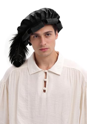 Renaissance Roll Hem Beret for Men Medieval Tudor Slit Hat with Feather Fantasy Costume Accessories - color: Black