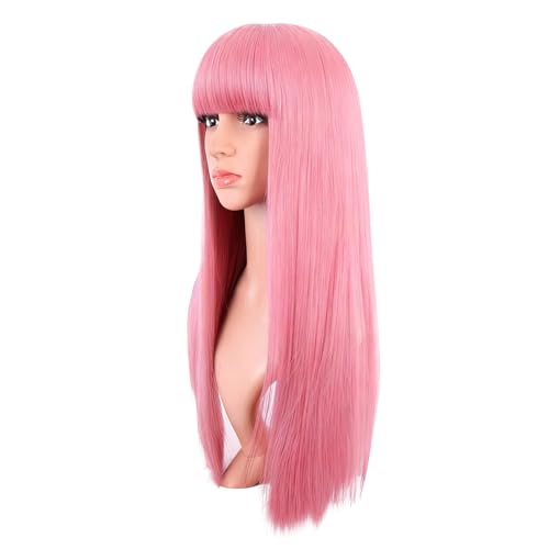 MapofBeauty 24 Inch Long Straight Flat Bangs Party Cosplay Wig, Light Pink | 60 cm Synthetic Hair Wig, Heat Resistant, Women - color: Light Pink