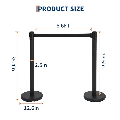 Crowd Control Stanchion Set, Black Stanchions with 6.6 ft Retractable Belts, Crowd Control Barriers, 2 Pack