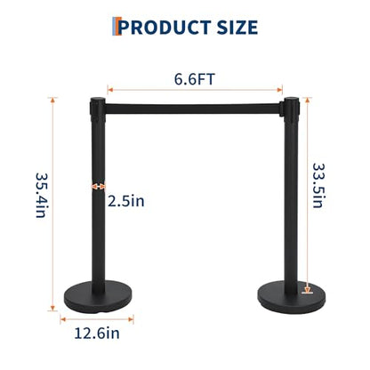 Crowd Control Stanchion Set, Black Stanchions with 6.6 ft Retractable Belts, Crowd Control Barriers, 2 Pack