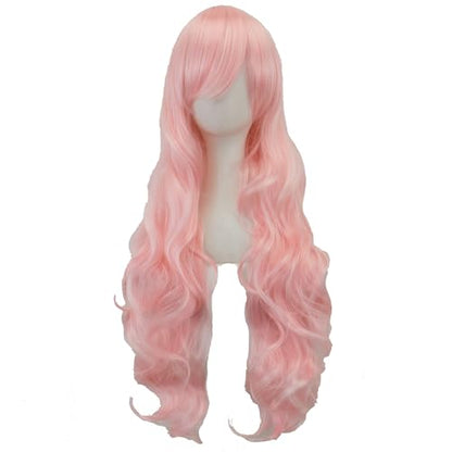 IMISSU 80cm Long Curly Natural Hair Cosplay Wig with Bangs Colorful Halloween Costume Party Wigs for Women (Bright Pink) - color: Bright Pink