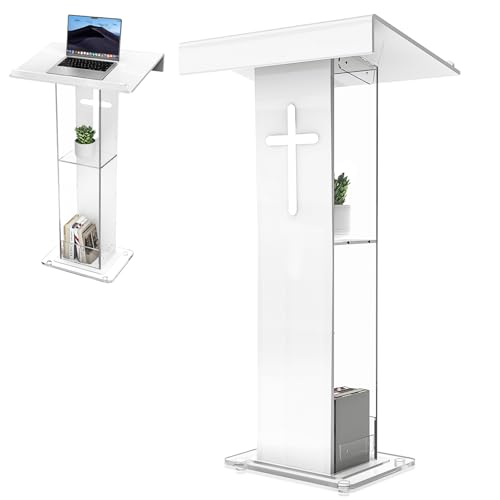 45.3IN Acrylic Podium Lectern, Pulpit for Churches with Double Shelves, Modern Plexiglass Pulpits Lectern with Cross Design for Classroom, Conference, Wedding and More