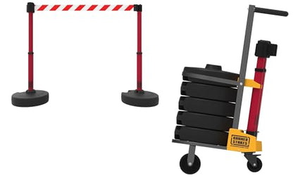 PL4014T Plus 75 ft Belt Barrier w/Cart Package & Tray | Mobile System, 5 Telescoping Stanchions, 15 ft Red/White "Red/White Diagonal Stripe" Retractable Banners, Accessory Tray - style: Red/White Diagonal Stripe