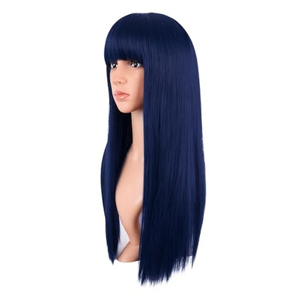 MapofBeauty 24 Inch Long Straight Flat Bangs Party Cosplay Wig, Dark Blue | 60 cm Synthetic Hair Wig, Heat Resistant, Women - color: Midnight Blue
