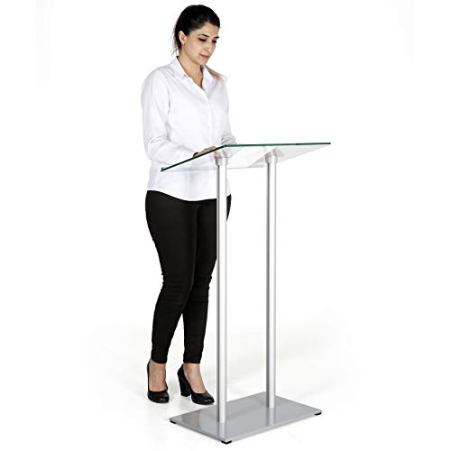 M&T Displays Tempered Clear Glass Conference Podium Stand Silver Aluminum Body and Base 43.9 Inch Height Floor Standing Lectern Pulpit Desk for Classroom Church - color: Silver