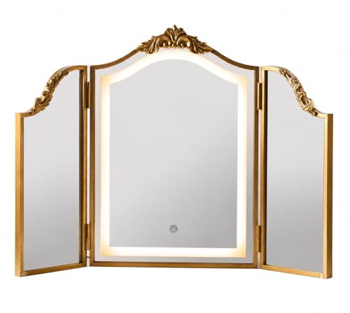 Antique Gold Triple Fold Makeup Mirror, 31x23 Inch Baroque Vintage Vanity Mirror, Tri-Color Dimmable LED Touch Lighted Mirror, Foldable Bohemian Decor for Bedroom Dressing Room