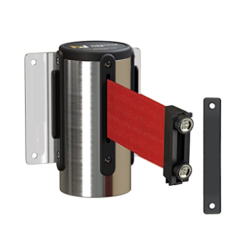 Montour Line WM115 Wall Mounted Retractable Belt Barrier, Magnetic Belt End | 8.5 Ft Red Belt with Fixed Mount and Polished Stainless Steel Casing, Includes Wall Receiver, Hardware and Retraction Control - color: Red, size: 8.5 ft