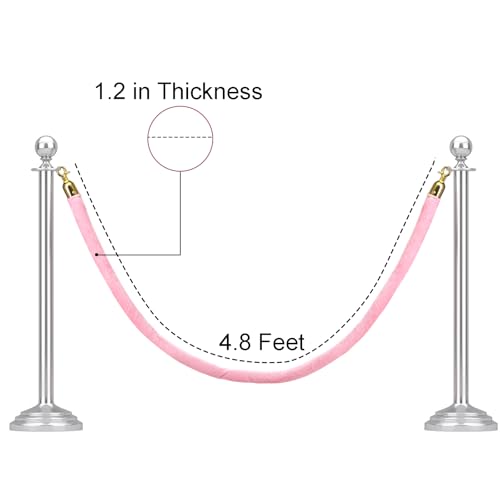 Okllen 4 Pack Velvet Stanchion Rope Pink, 5 Ft Crowd Control Ropes Safety Barriers with Polished Gold Clasps, Hanging VIP Rope for Red Pink Carpet Theme Event and Party Events Decor