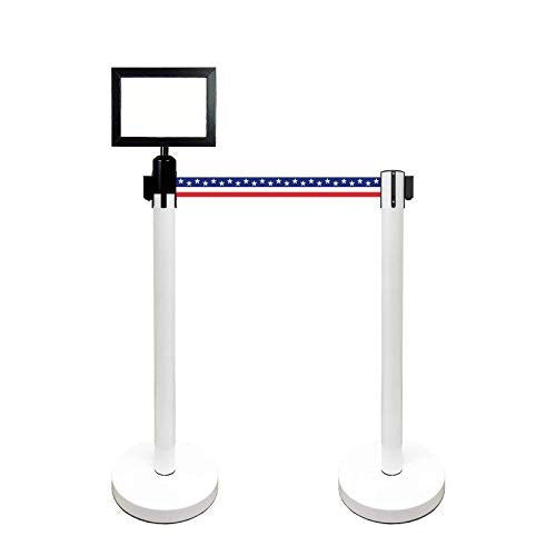 Retractable Stanchion, 6 SPECIALTY Posts + Signframe, 36" Ht, 78" Special Event & Holiday Theme Belt + Bonus Replacement Cassettes + Wall Receiver (WHT Post/July 4th Flag Belt) - color: Wht Post/July 4th Flag Belt