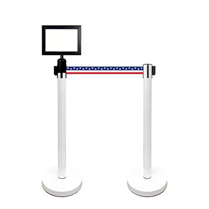 Retractable Stanchion, 6 SPECIALTY Posts + Signframe, 36" Ht, 78" Special Event & Holiday Theme Belt + Bonus Replacement Cassettes + Wall Receiver (WHT Post/July 4th Flag Belt) - color: Wht Post/July 4th Flag Belt