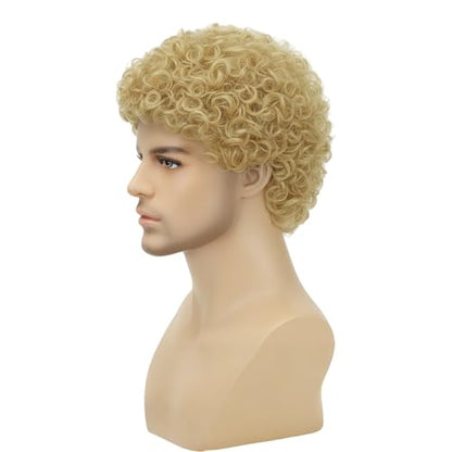 Afro Curly Dark Brown Wig for Men Short Synthetic Halloween Cosplay Costume Replacement Hair Wigs - color: B-Blond
