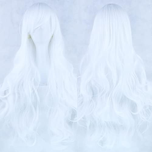 IMISSU 80cm Long Curly Natural Hair Cosplay Wig with Bangs Colorful Halloween Costume Party Wigs for Women (Pure White) - color: Pure White