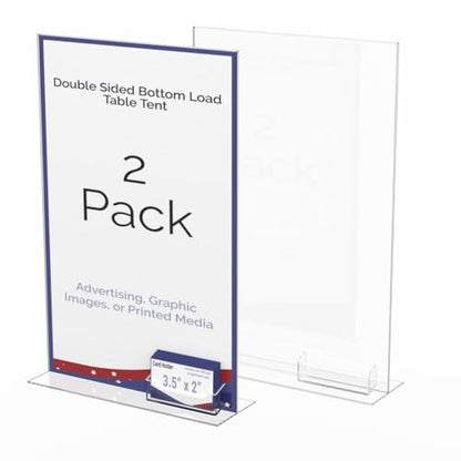Marketing Holders 2 Pack Sign Holder Table Tent 11" x 17" Advertisement Display Clear Acrylic Bottom Load with 3.5" x 2" Business Card Slot - size: 11"W x 17"H Bottom Load w/Card Slot