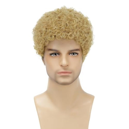 Afro Curly Dark Brown Wig for Men Short Synthetic Halloween Cosplay Costume Replacement Hair Wigs - color: B-Blond