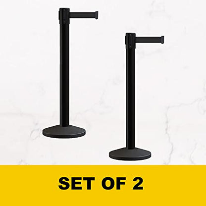 Montour Line M650 Set of 2 Retractable Belt Barrier Stanchion, Sloped Base, Polished Stainless Steel Post (14 ft Blue Belt) - color: Blue, size: Polished Stainless Steel