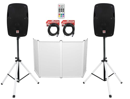 Rockville SPG84 8" Passive DJ PA Speaker Pair with LED Stands, Facade | 400W Peak / 100W RMS Each, Speakon, PARTY STAND LED with RGB Remote, 2 RCTS1425 25' Cables, RFAAW Façade, Travel Bag, 7-Items