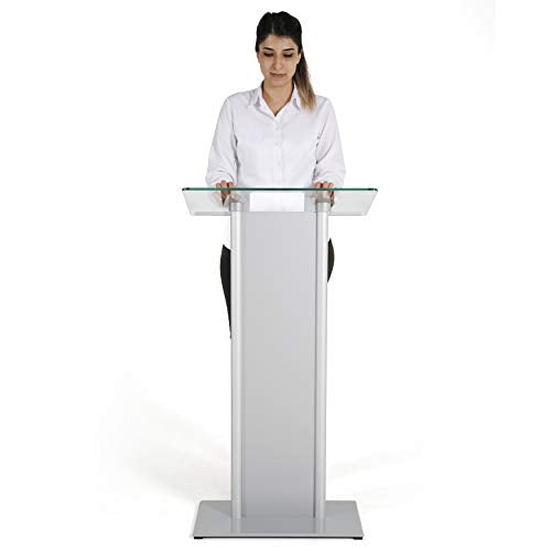 M&T Displays Tempered Clear Glass Conference Podium Stand with Aluminum Front Panel Silver Aluminum Body and Base 43.9 Inch Height Floor Standing Lectern Pulpit Desk for Classroom Church - color: Silver