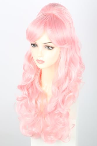 Long Curly Pink Bouffant Beehive Wig for Women Halloween Party Cosplay Costume Wig - color: Pink