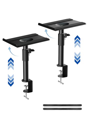 suptek Clamp-on Speaker Stand Desk Mount Set, Height Adjustment, ±12° Tilt, Swivel, 9.6 x 8.8 inch Trays, Universal Audio Holders for Bookshelf Speakers, Elevated Sound, 2 Pack, Black, SDM001GTB - size: Tilt Speaker Stands