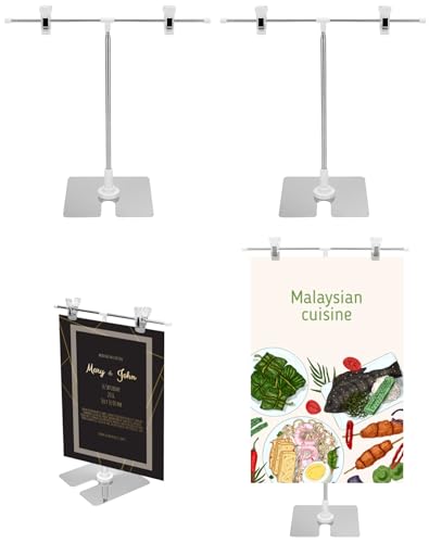 QWORK Adjustable Table Sign Holder, 4 Pack Stainless Steel Desktop Business Poster Holder with Movable Clips, T Shaped Advertising Showing Price Tags Display Stand for Trade Shows, Retail, Offices