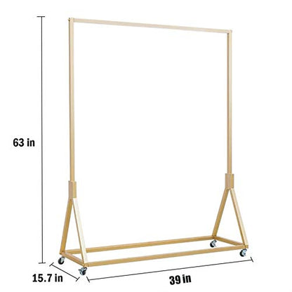 Modern Simple Heavy Duty Metal Rolling Garment Rack with Wheel,Retail Display Clothing Rack, Single Rod Floor-Standing Hangers Clothes Shelves (Gold Square Tube A, 39 L) - color: Gold Square Tube A, size: 39 L