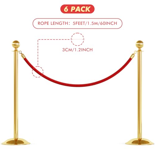 Woanger 6 Pack 5 Feet Velvet Stanchion Rope Crowd Control, Red | Crowd Control Barrier for Red Carpet Events, Theaters, Hotels, Grand Openings, Queue Management with Gold Plated Hooks - color: Red, size: 5 Feet