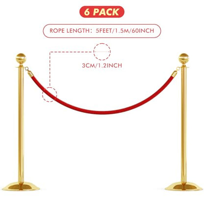 Woanger 6 Pack 5 Feet Velvet Stanchion Rope Crowd Control, Red | Crowd Control Barrier for Red Carpet Events, Theaters, Hotels, Grand Openings, Queue Management with Gold Plated Hooks - color: Red, size: 5 Feet