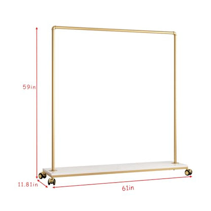 Gold Metal Clothing Rack with Wood Shelf, Heavy Duty Rolling Garment Rack with Wheels for Bedroom Retail Boutique Use (61L inches) - style: single-large