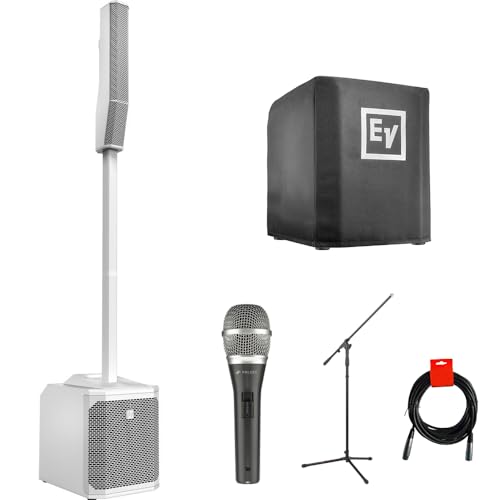 Electro-Voice Evolve 30M Portable Powered Column Loudspeaker System, White (F.01U.366.322) Bundle with Cover for Evolve 30M, Polsen M-85 Pro Microphone, Kellards Mic Stand, and XLR-XLR Cable