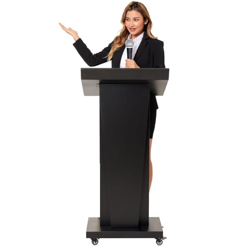 Podium Stand with 4 Locking Wheels, Lecterns & Podiums for Church School Office Conference Home, Heavy Duty Metal, Large Storage Area, Slant Desktop, 50.4" H - color: Executive Angled Metal - Black