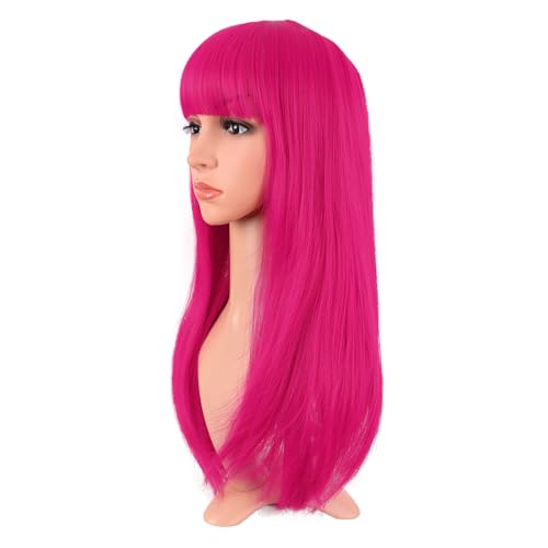 MapofBeauty 24 Inch Long Straight Flat Bangs Party Cosplay Wig, Hot Pink | 60 cm Synthetic Hair Wig, Heat Resistant, Women - color: Hot Pink